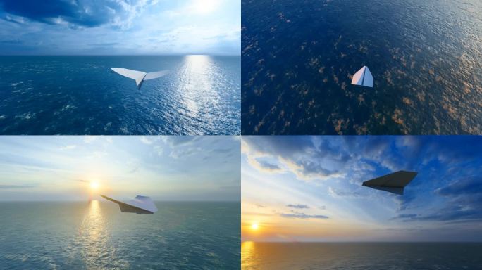 4K 纸飞机迎着太阳飞过海洋