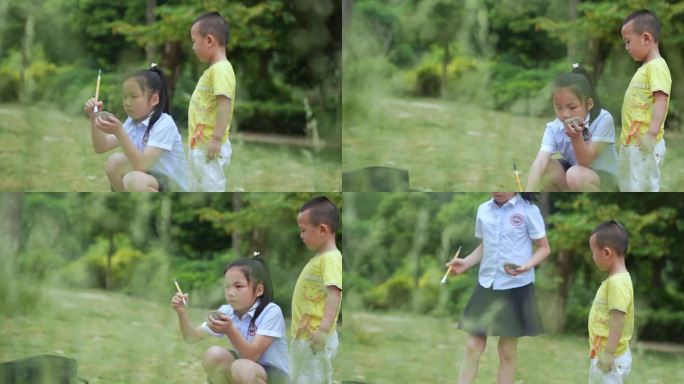 【4K】小孩草地画画玩耍