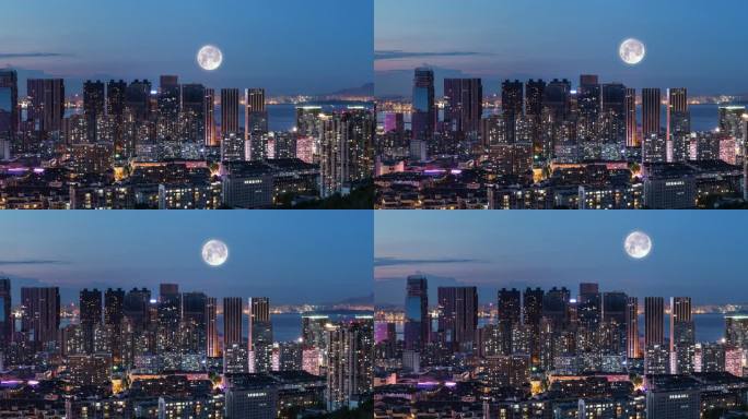 8k城市月色月亮升起来