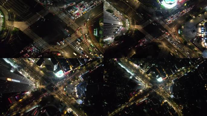 城市十字路口斑马线车流夜景航拍延时摄影