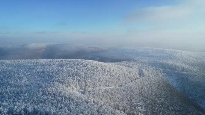 航拍山岭雪林雾凇