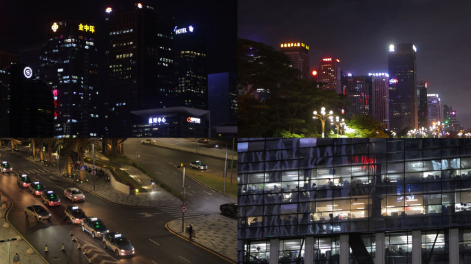 夜晚写字楼加班灯光 出租车_4K