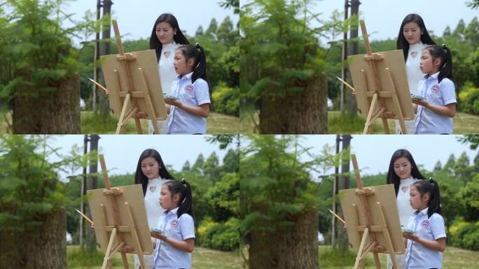 【4K】美女老师教小女孩画画