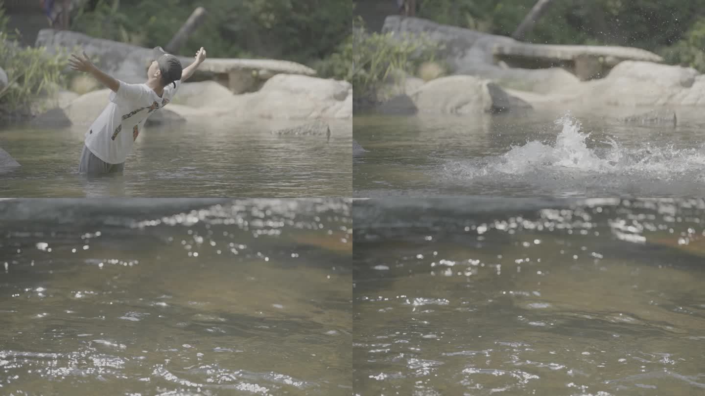 探险者倒入水中倒下溪流瀑布升格