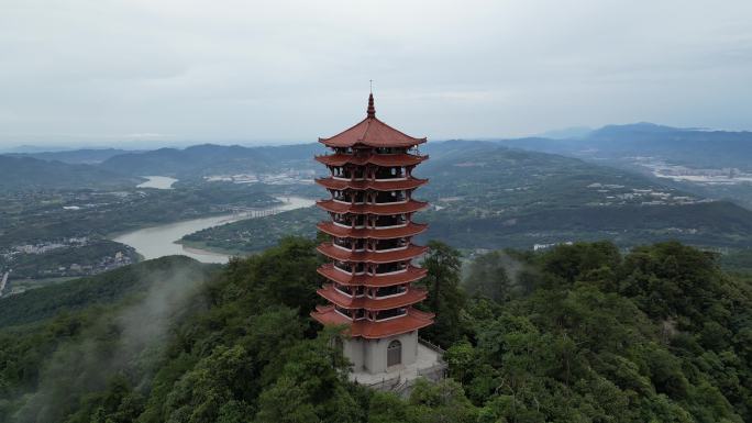 航拍重庆北碚缙云山国家级森林保护区观景塔