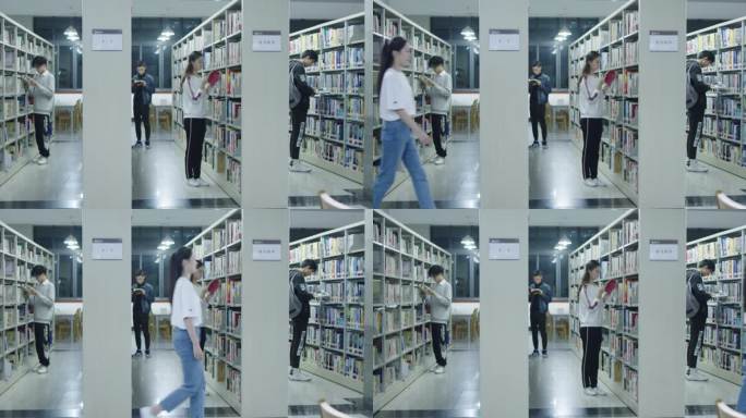 【4K】图书馆看书学习美女走过书架