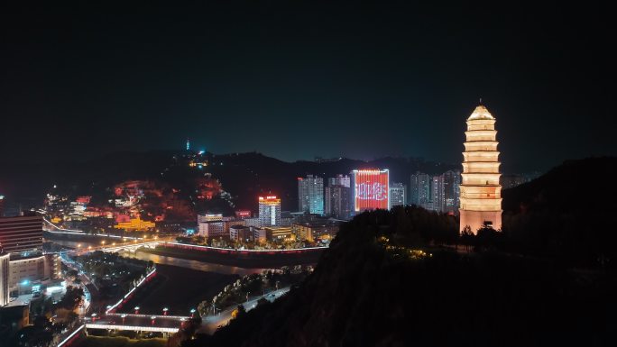 航拍延安夜景岭山寺塔