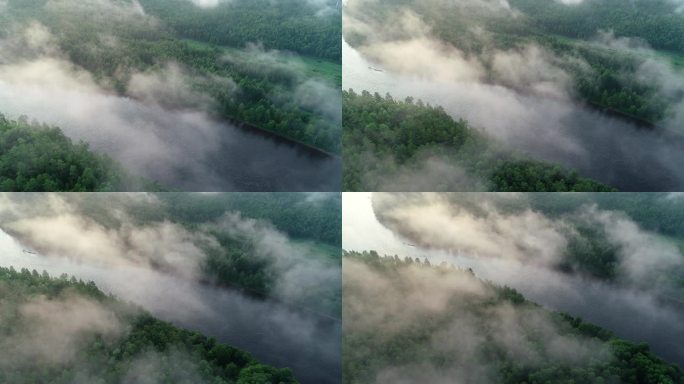 航拍森林河流晨雾缭绕
