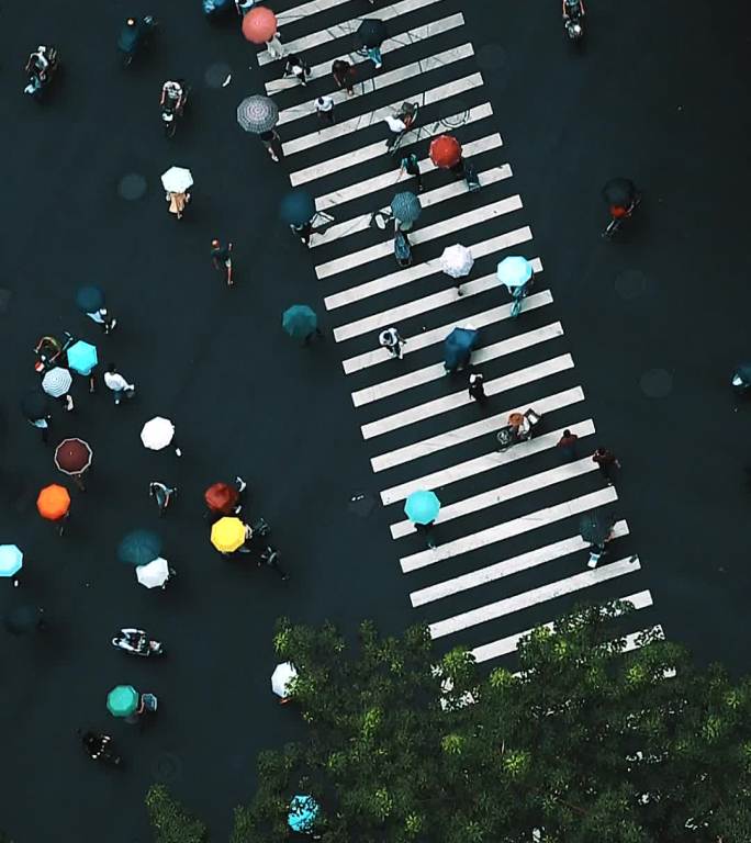 雨天人行横道上打伞过马路的人群