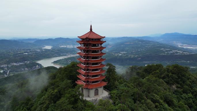 航拍重庆北碚缙云山国家级森林保护区观景塔