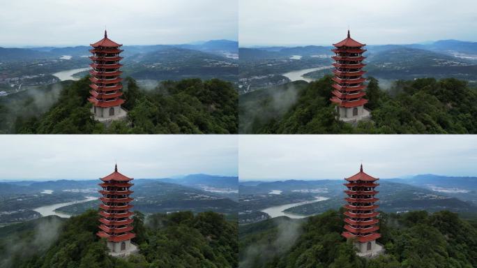 航拍重庆北碚缙云山国家级森林保护区观景塔