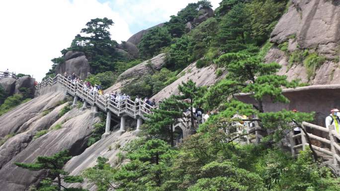 黄山风景游客登山爬山观景旅游