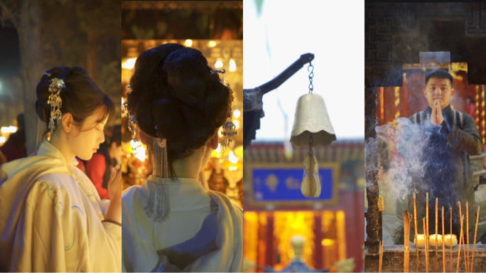 古风美女汉服寺庙少女祈福中国风香火祈祷