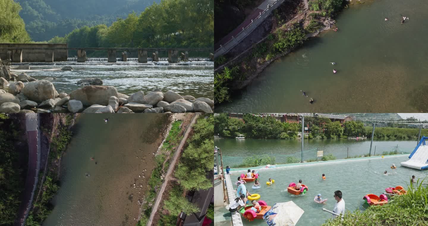4k贵州野溪游泳戏水河边玩水河流打水仗