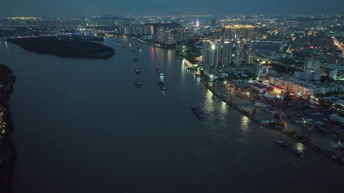 城市江河 夜景航拍