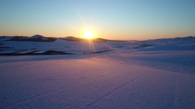 航拍雪域雪原田野日落