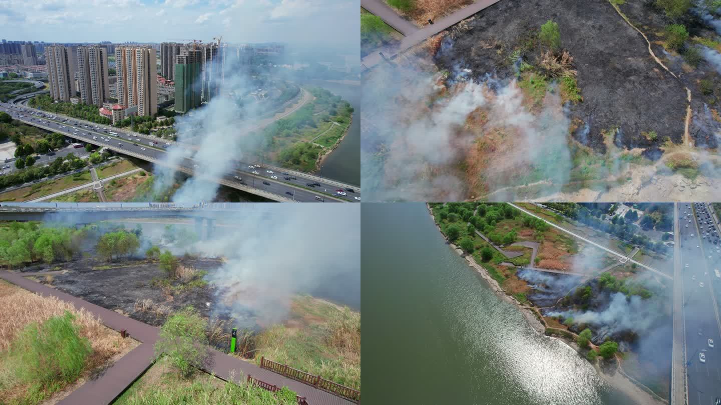5.4K消防战士扑灭河滩野火航拍空镜