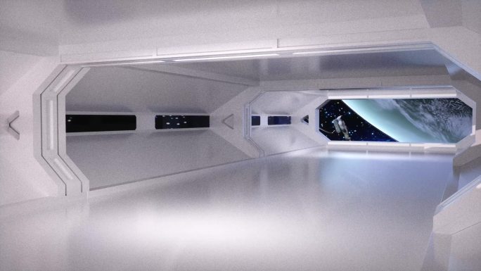 穿梭高科技空旷太空舱和舷窗地球C4D动画