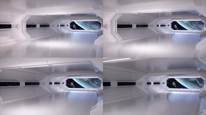 穿梭高科技空旷太空舱和舷窗地球C4D动画