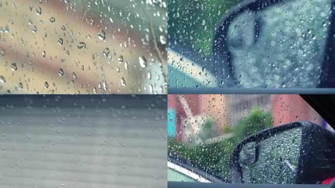 下雨雨滴拍打车窗后视镜窗户天窗雨水雨季