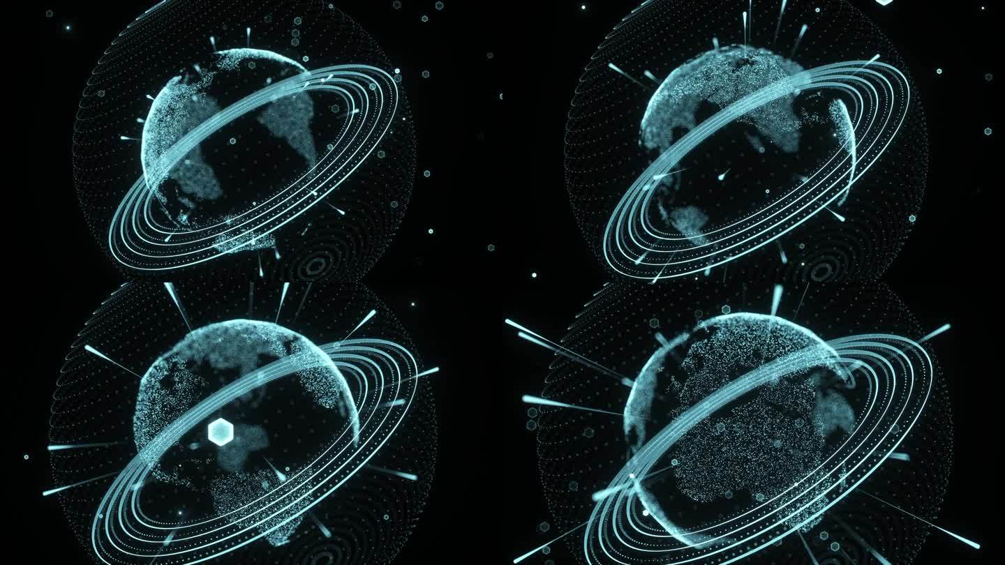 太空中旋转的地球和人造卫星轨道C4D动画