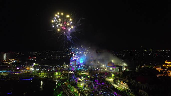 烟花表演与摩天轮 夜景航拍