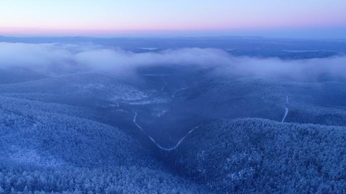 航拍冷空气笼罩的林海雪原