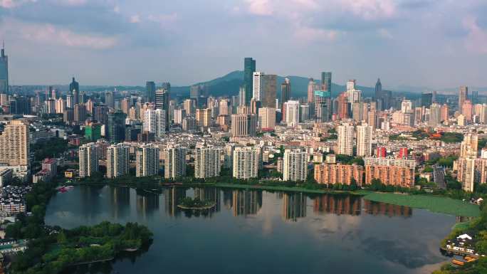 南京城市航拍蓝天白云新街口建筑群