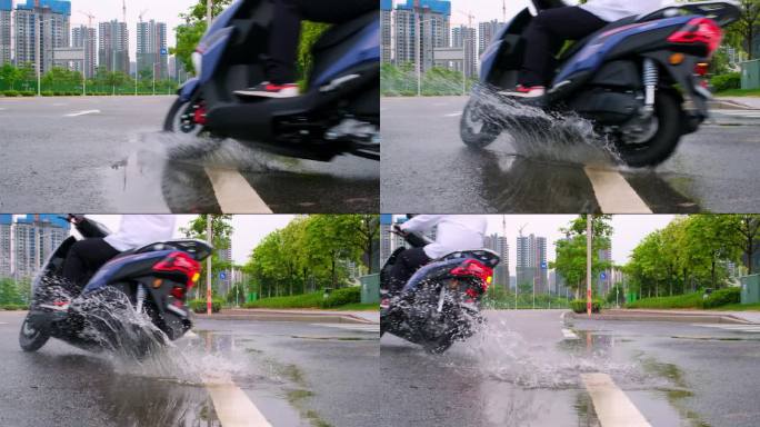4K 摩托车 入弯 水坑 水花 溅起水花