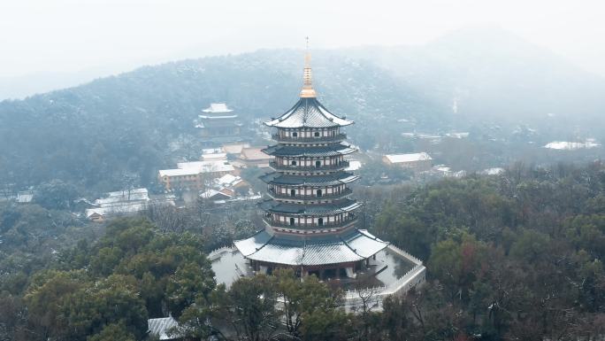 杭州西湖雷峰塔雪景航拍