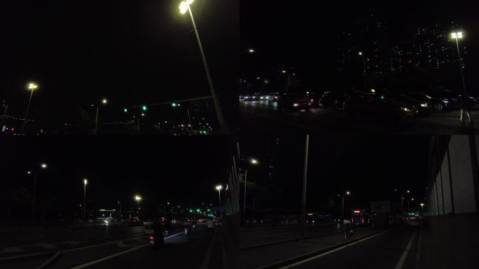 城市夜晚街道深夜冷清马路孤独夜车交通空荡