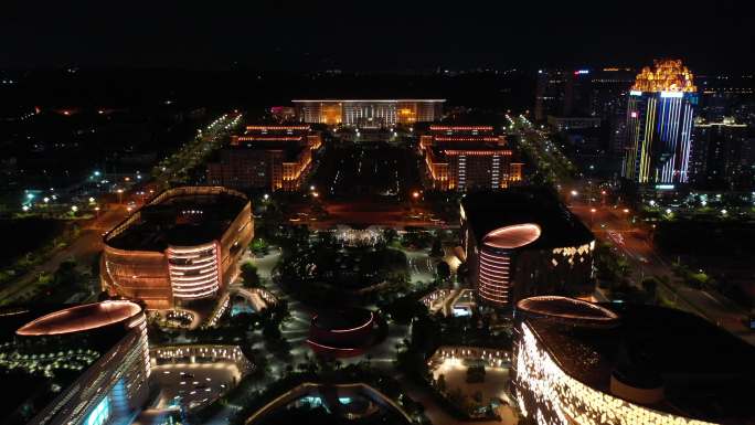 泉州市政府泉州图书馆夜景航拍泉州东海夜景