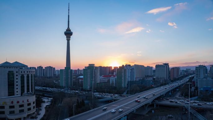 北京中央电视塔下日落车流延时