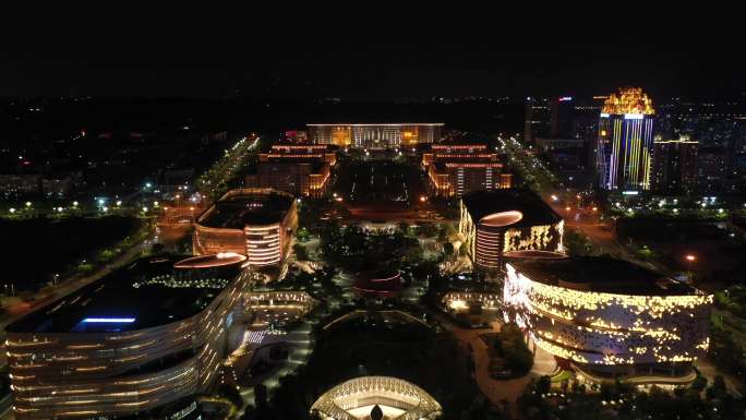 泉州市政府泉州图书馆夜景航拍泉州东海夜景