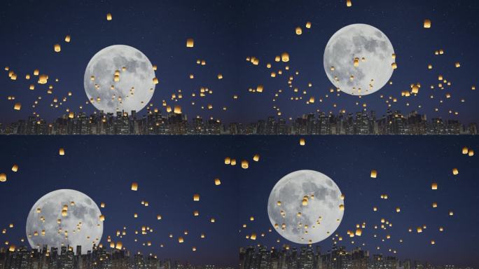中秋节月亮升起城市夜景天际线放飞孔明灯