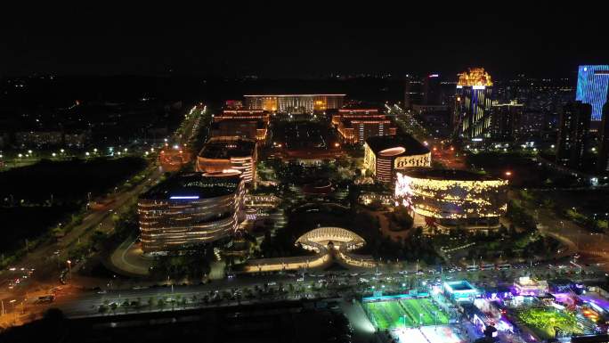 泉州市政府泉州图书馆夜景航拍泉州东海夜景