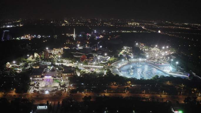 航拍上海松江玛雅水上乐园游泳池夜景