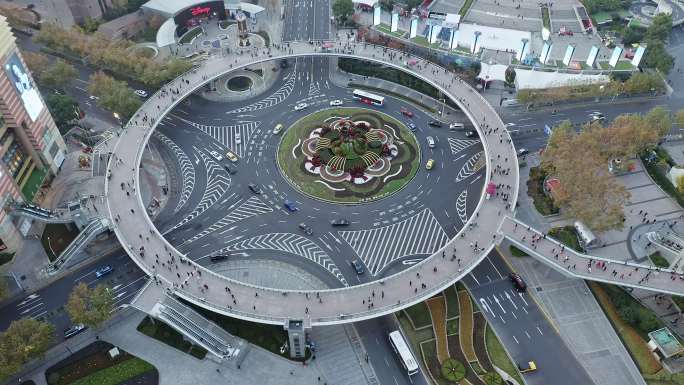 航拍上海陆家嘴环形天桥城市交通街景
