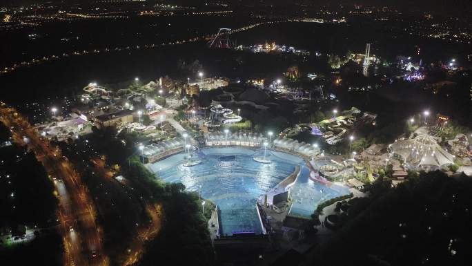 航拍上海松江玛雅水上乐园游泳池夜景