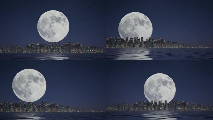 中秋节月亮升起城市夜景天际线海上生明月