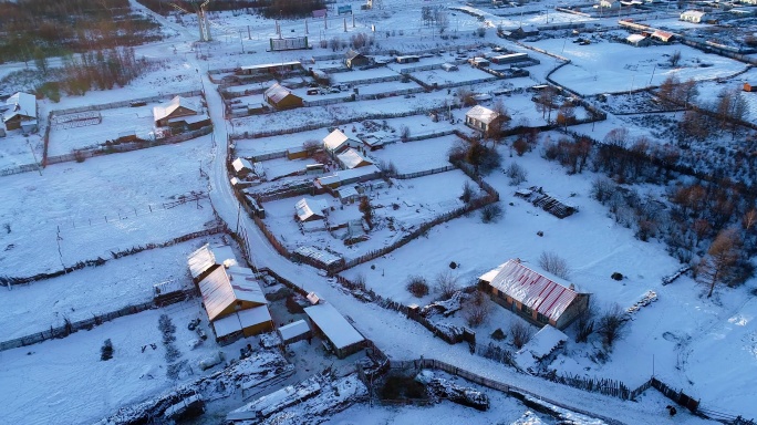 航拍林场山村雪景