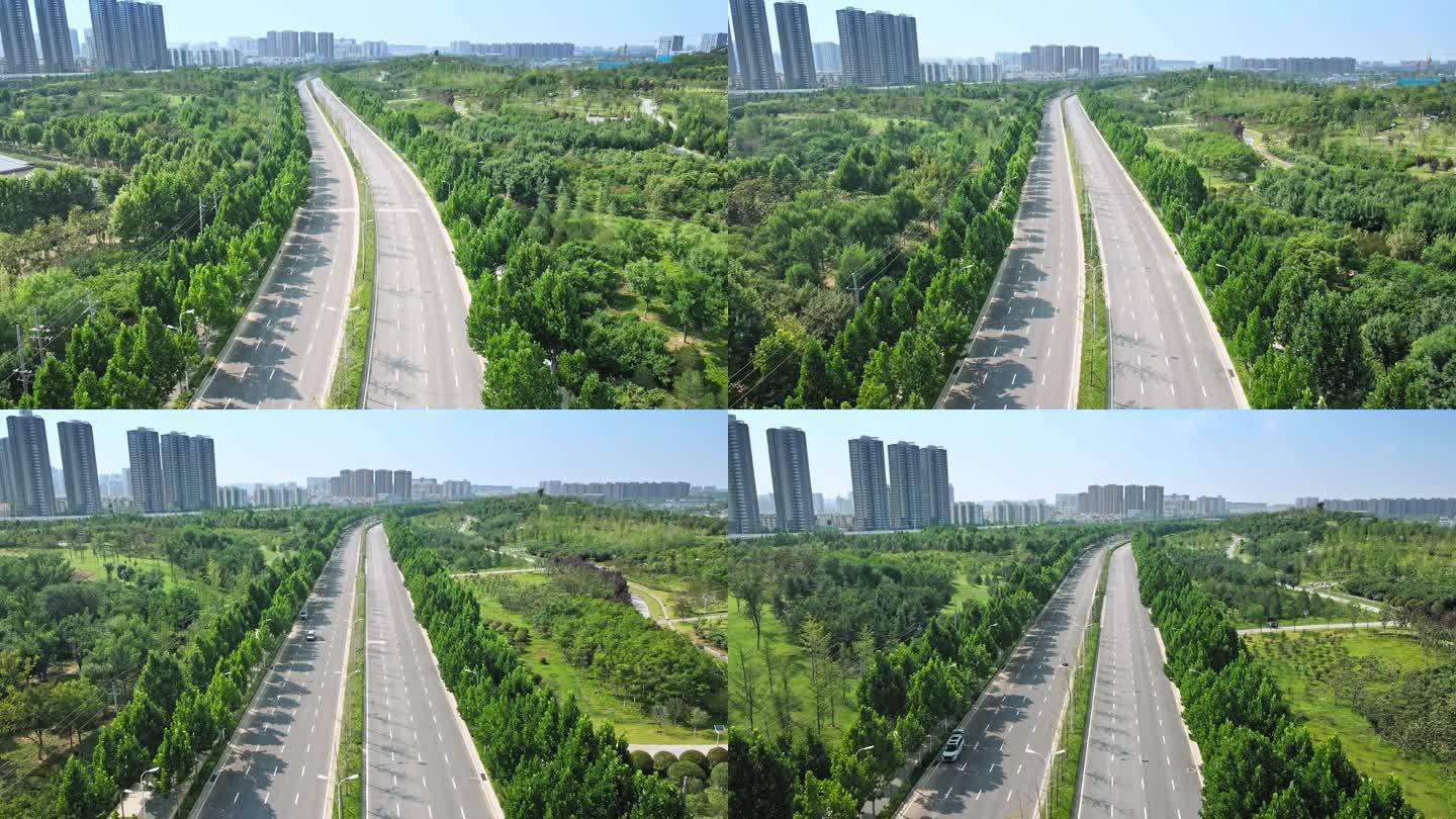 航拍郑州道路公路绿化