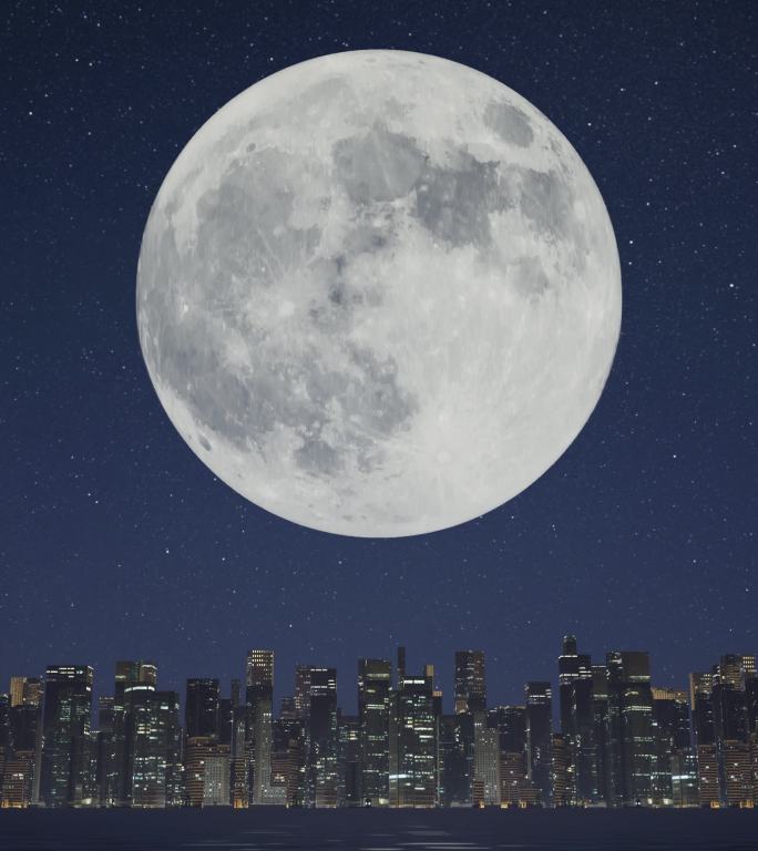 中秋节月亮升起城市夜景天际线竖屏竖版延时