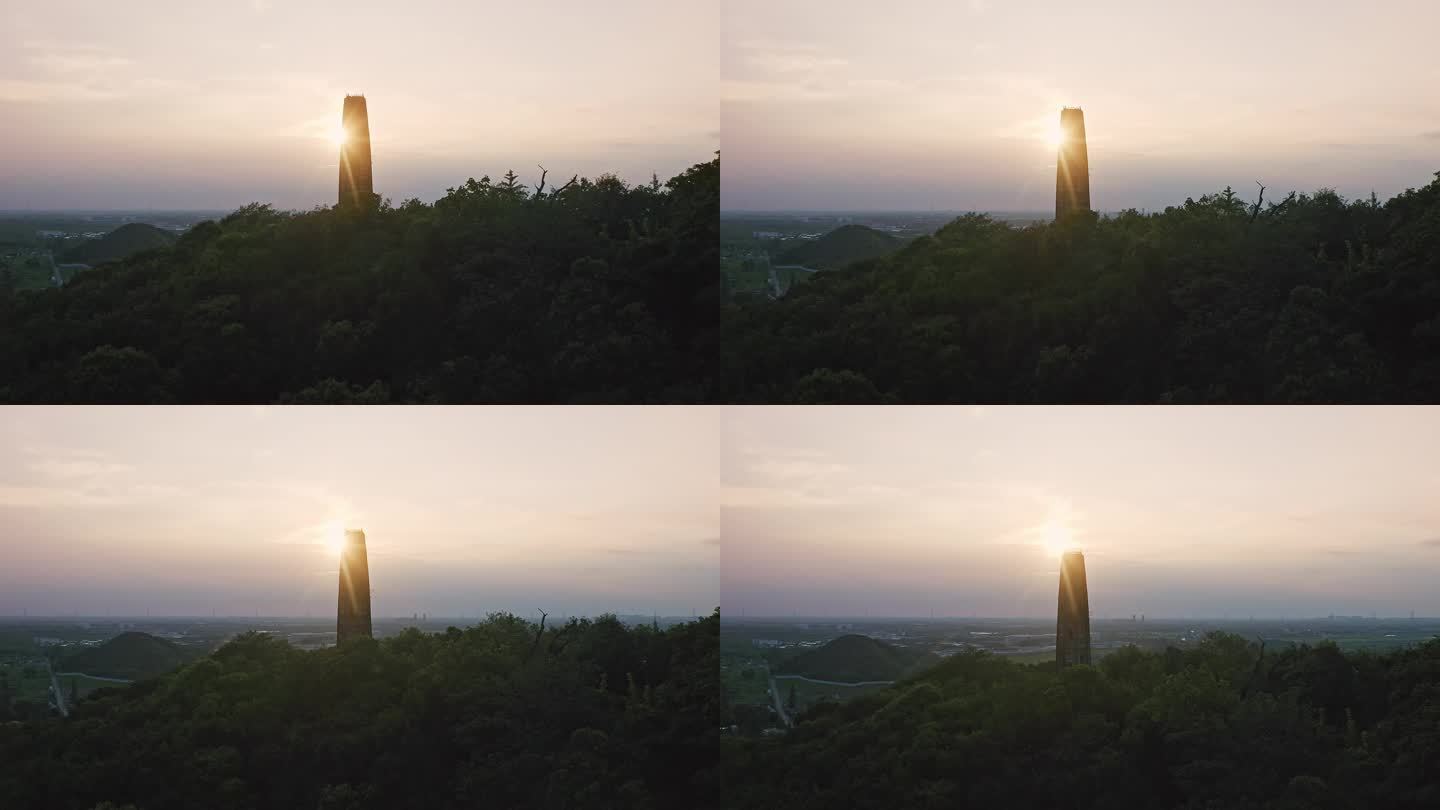 日落风光航拍上海松江天马山顶护珠塔