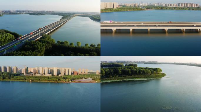 航拍沈阳高速丁香湖道路交通湖