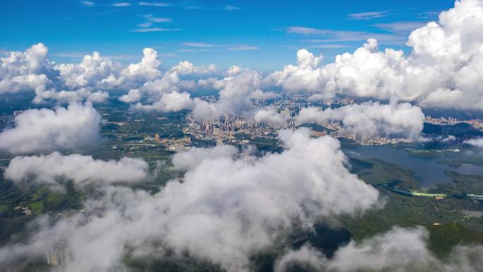 航拍梧桐山看深圳俯瞰视角低空云海延时