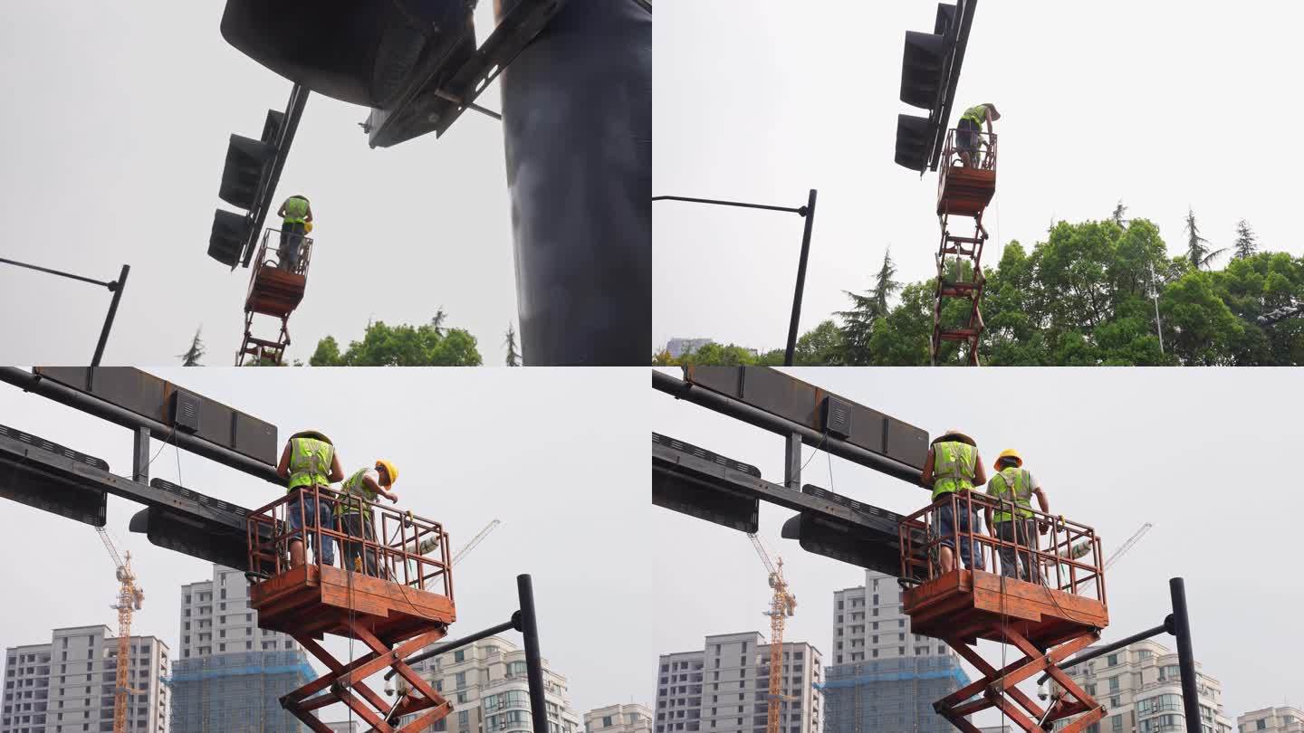 维修安装交通红绿灯的工人 多镜头