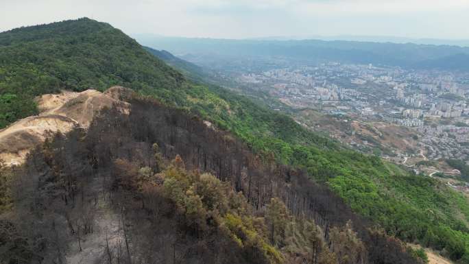 山火扑灭后的重庆北碚缙云山隔离带航拍