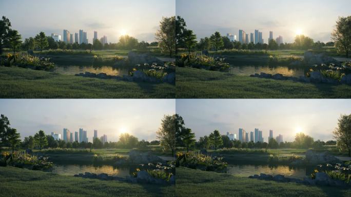 清晨景观 三维动画 湿地公园 绿意盎然