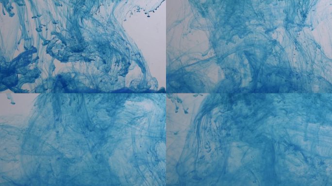 蓝色颜料滴入水中蔓延白色背景慢动作